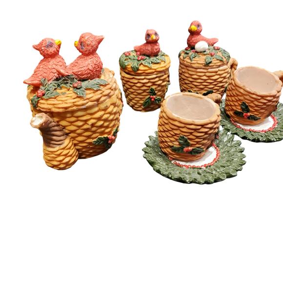 Vintage Bird Tea Set Spring Birds Nest Red Detailed 10 Pieces Miniature Tea Set - Picture 5 of 9